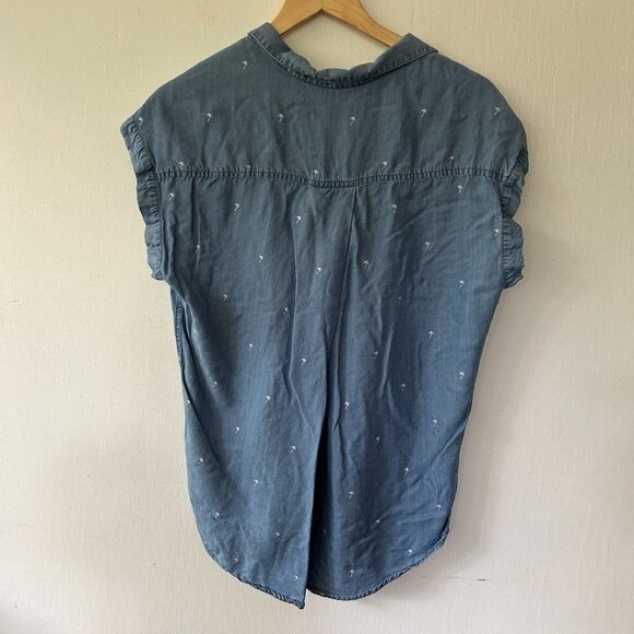 Jachs Girlfriend Chambray Blouse Womens Medium Button Front Collared Palm Trees - Picture 7 of 7